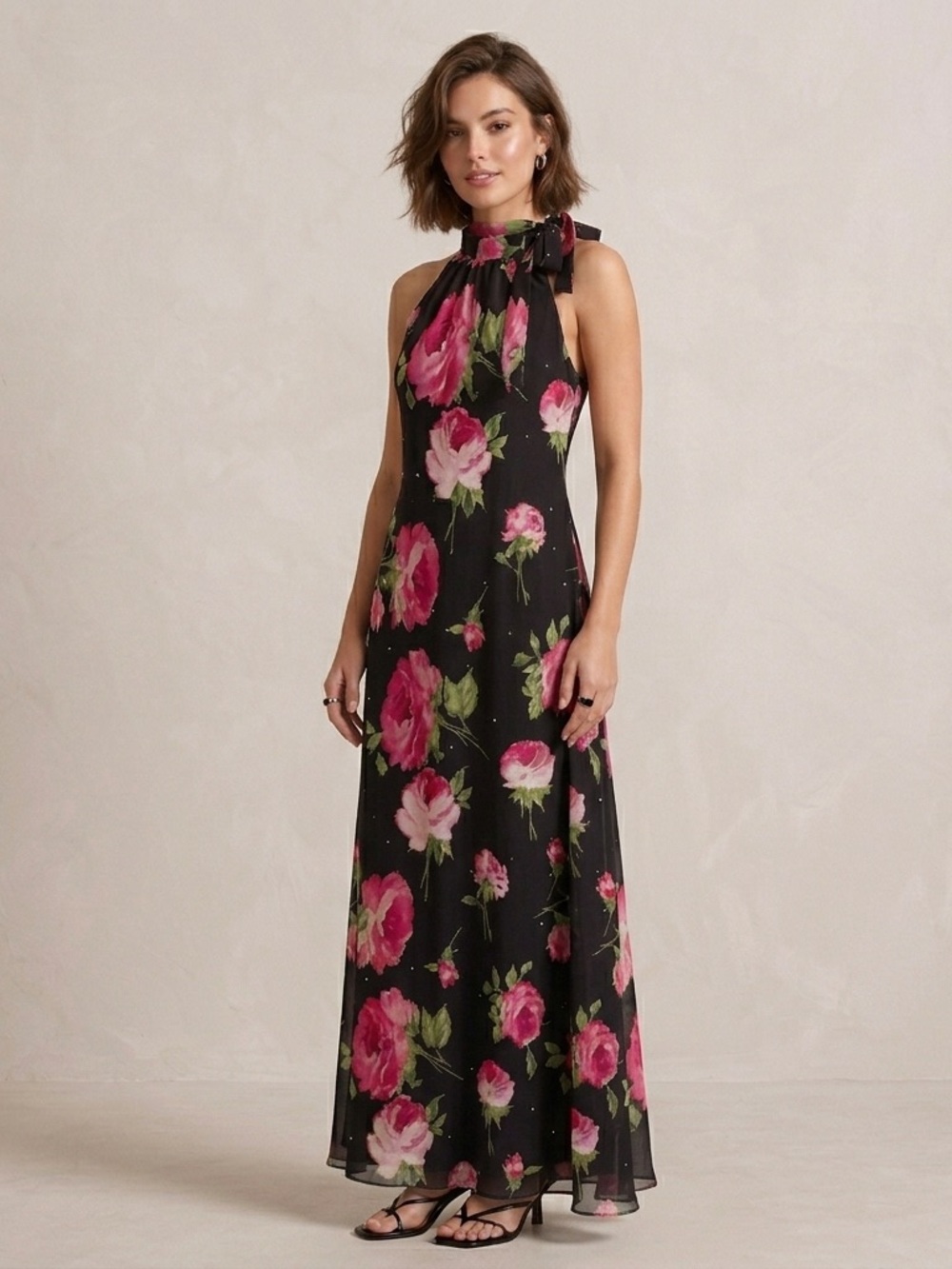 Vintage Betsy & Adam Floral Halter Maxi Dress Pink Black Size 8